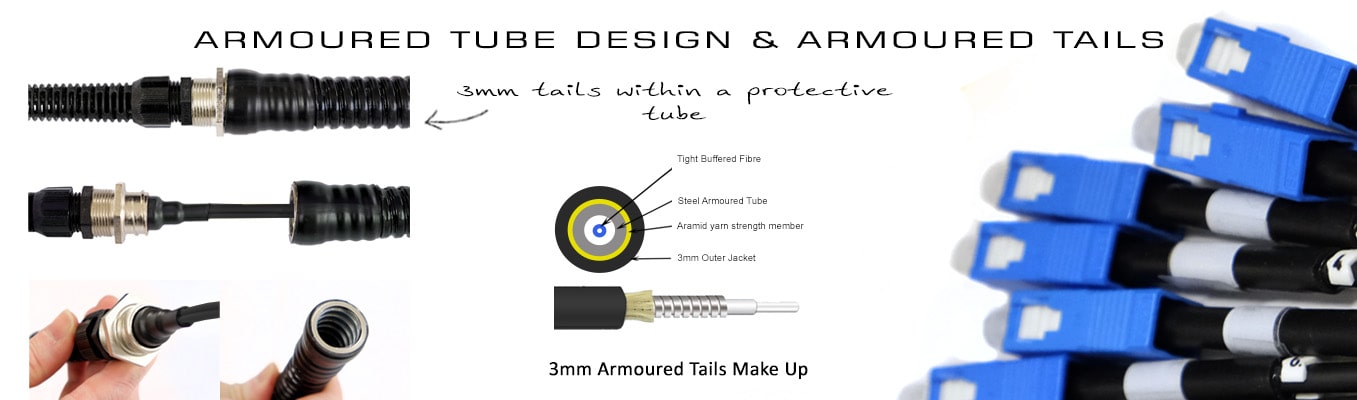 Armoured tube and tail options on standard termination deployable fibre reels